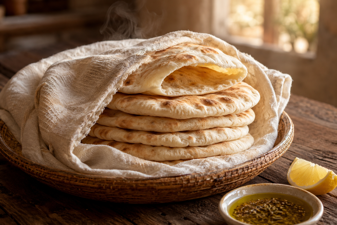 Stack of warm homemade Lebanese pita bread wrapped inside a cotton kitchen towel in a serving basket.