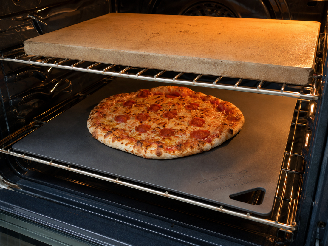 re-seasoned Doppio Living carbon steel above a ceramic baking stone on home oven racks.