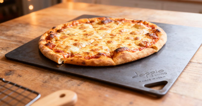 Pizza steel for frozen pizza with a crispy golden bottom crust fresh from the oven
