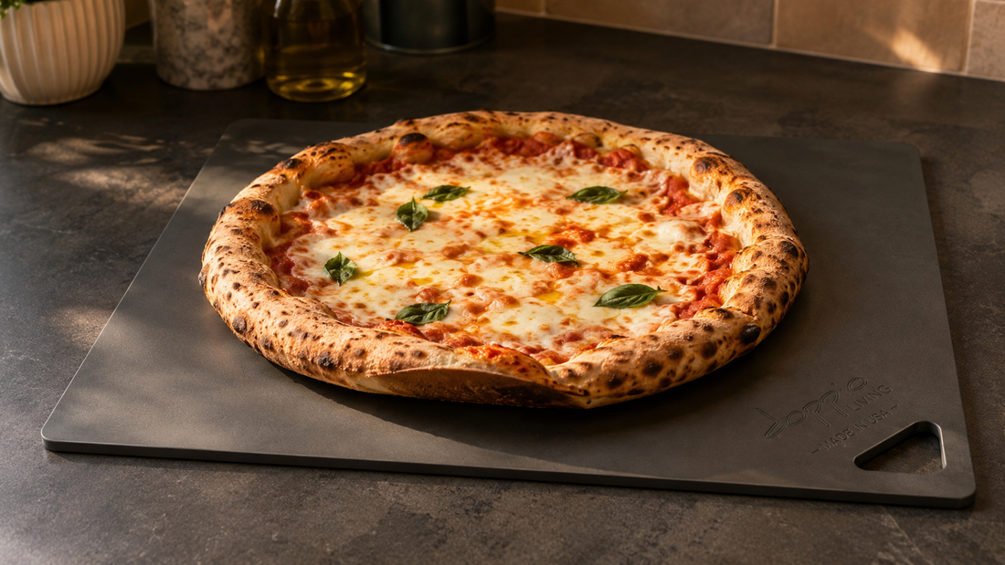 Charred leopard-spotted restaurant quality pizza on Doppio Living black carbon pizza steel, fresh from a 550F home oven.