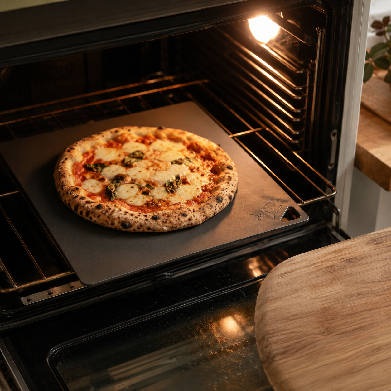 Pizza baking on pizza steel in oven