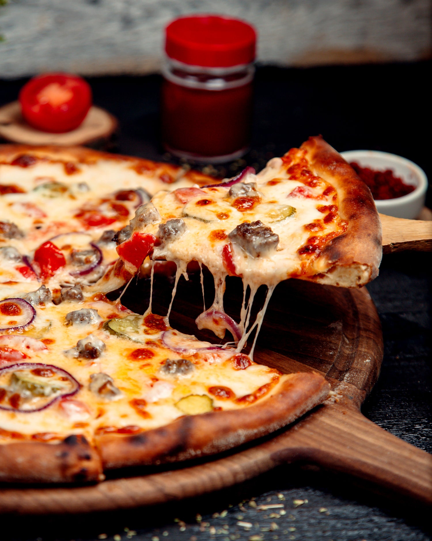 Crispy wood fired pizza with cheese pull