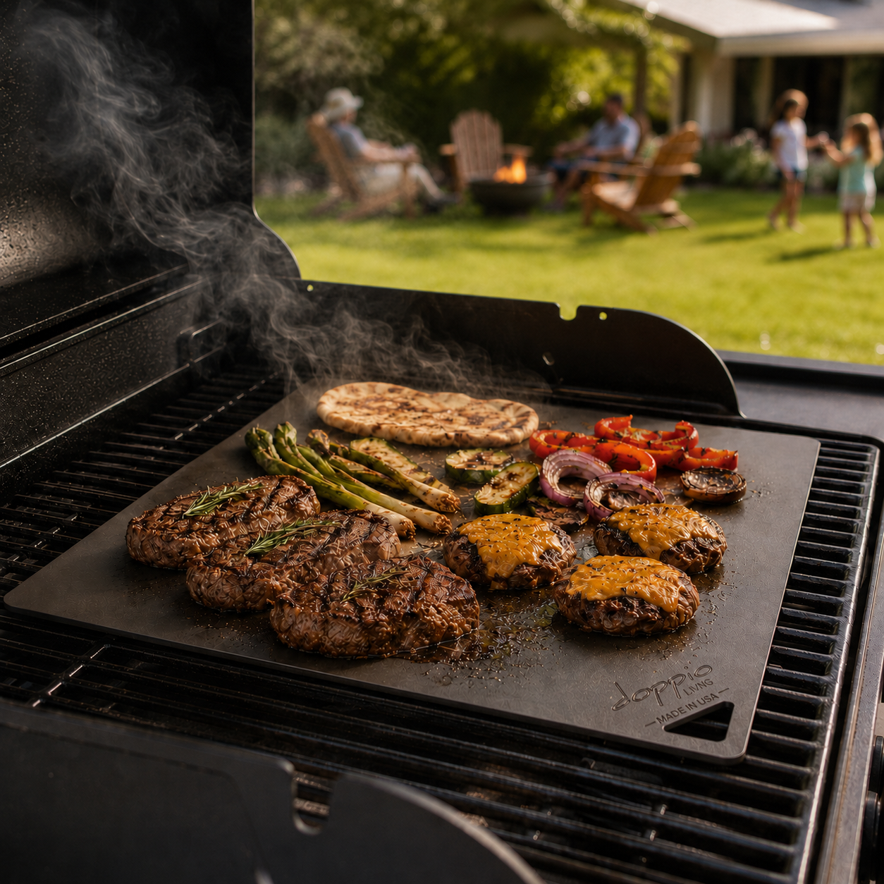 An assortment of steak, bread, veggies and patties cooking on a pizza steel